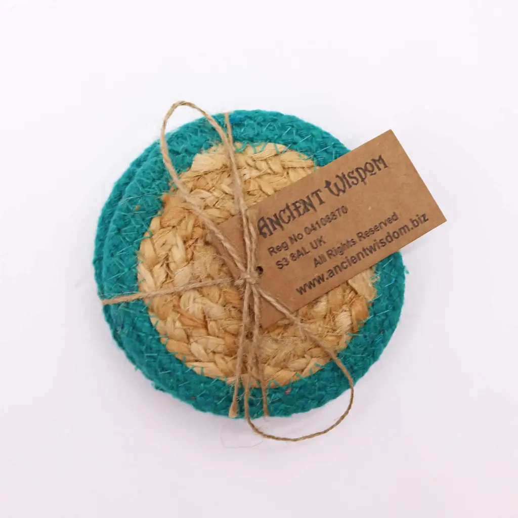 Natural Coaster – Jute & Cotton 10cm  (set of 4) – Teal Boarder | www.artisangoods.co.uk 2