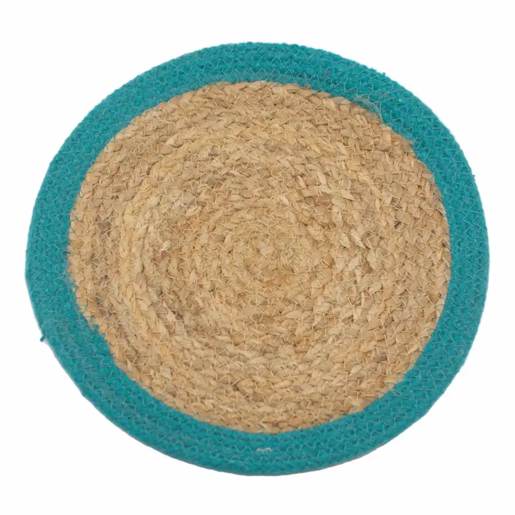 Natural Place Mat – Jute & Cotton 30cm – Teal Border | www.artisangoods.co.uk