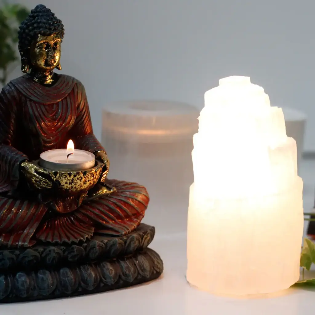 Natural Selenite Tower Lamp – 15 cm | www.artisangoods.co.uk 2