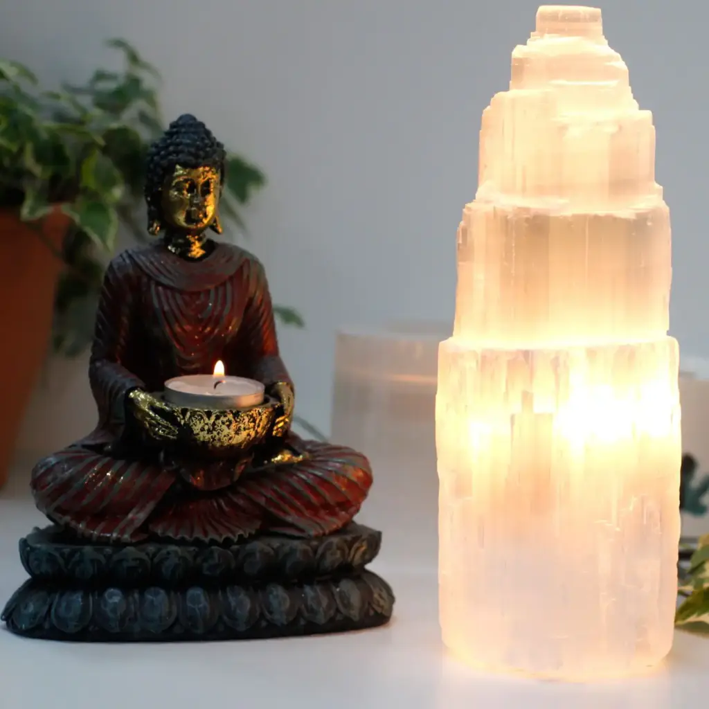 Natural Selenite Tower Lamp – 25 cm | www.artisangoods.co.uk 2