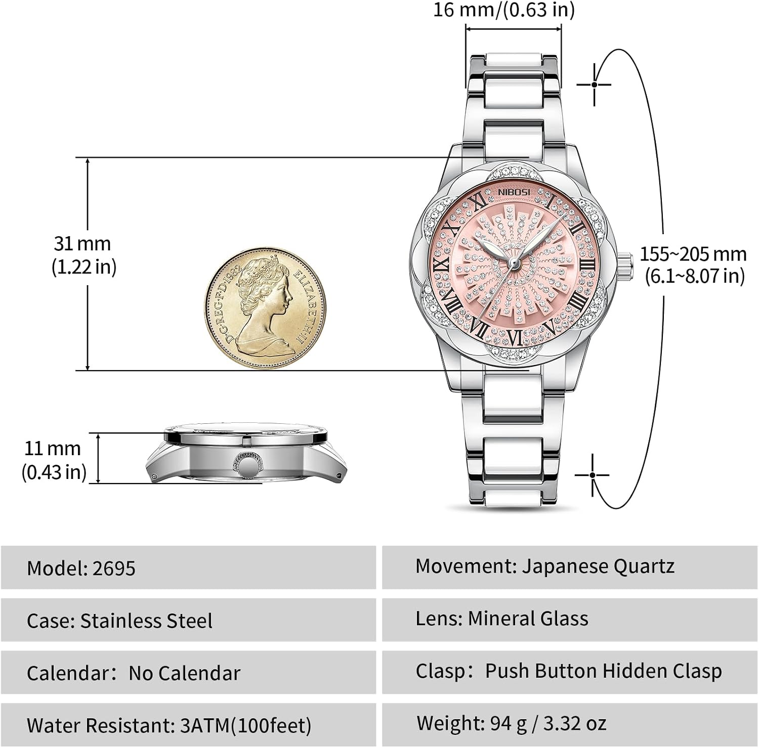 NIBOSI Analog Quartz Ladies Watch Waterproof Diamond Rotate Dial