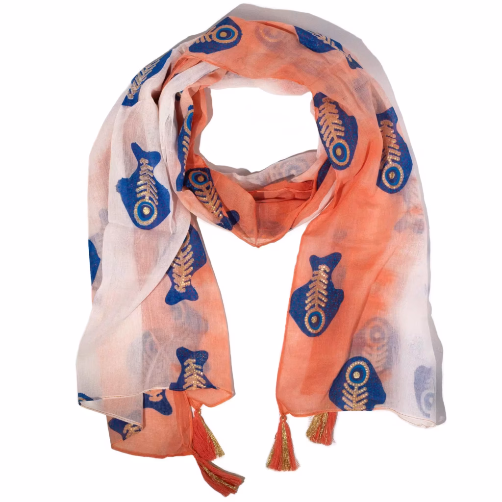 Nomad Sari Aqua Fish Scarf – Coral (180x50cm) | www.artisangoods.co.uk