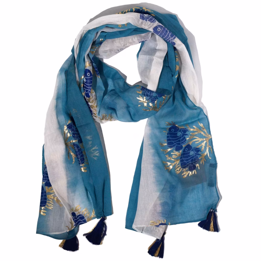 Nomad Sari Aqua Fish Scarf – Sea Blue (180x50cm) | www.artisangoods.co.uk