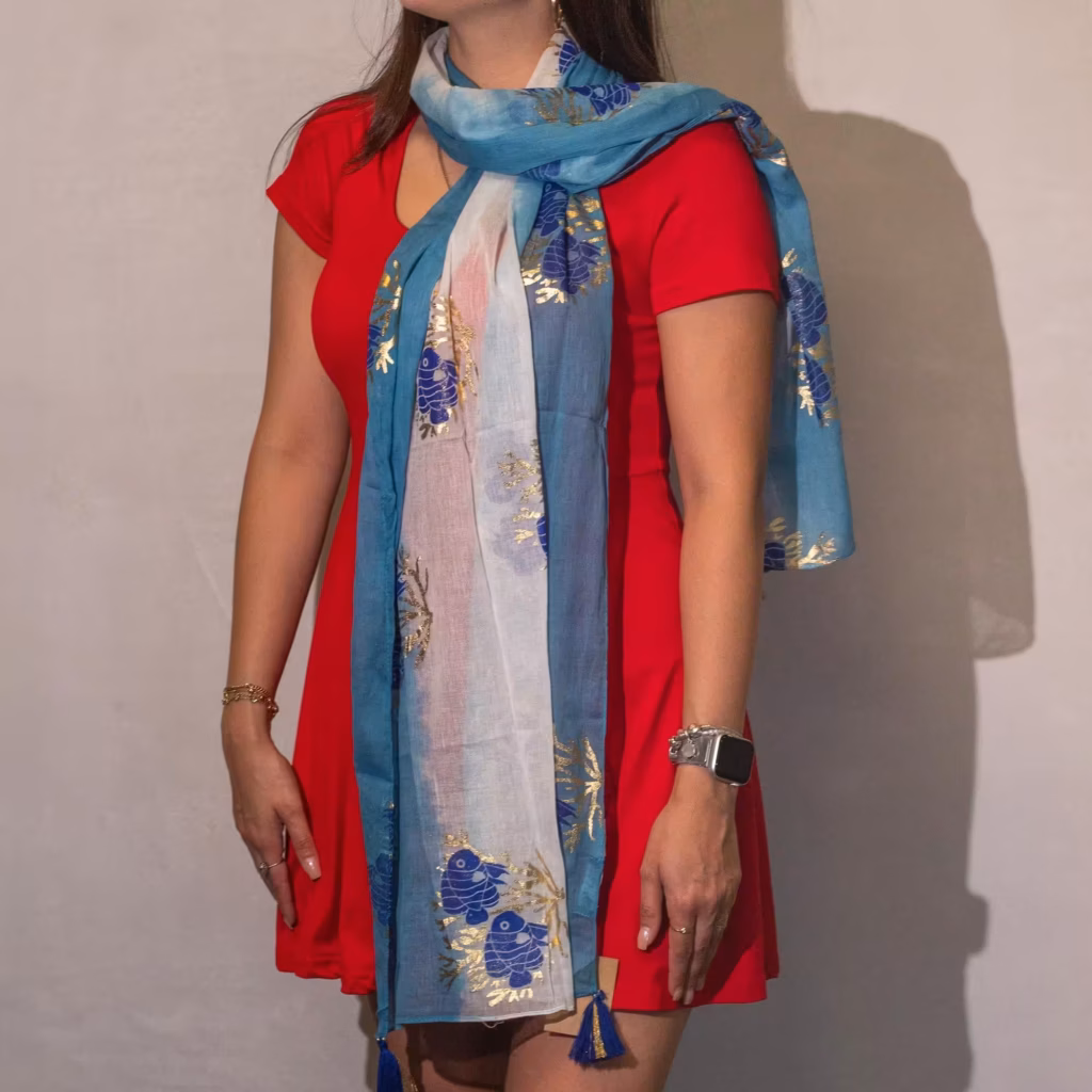 Nomad Sari Aqua Fish Scarf – Sea Blue (180x50cm) | www.artisangoods.co.uk 2