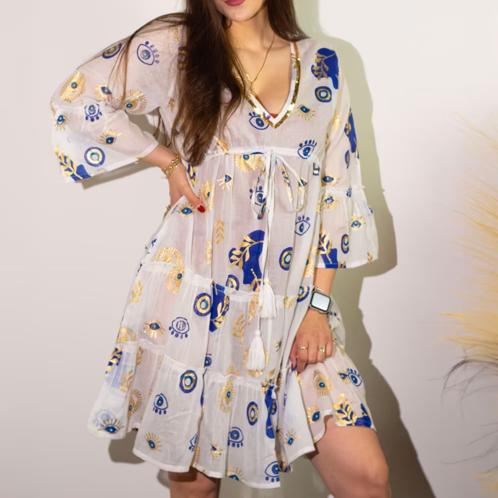 Nomad Sari Evil Eye Dress – White, Blue & Gold – Size L/XL | www.artisangoods.co.uk 6