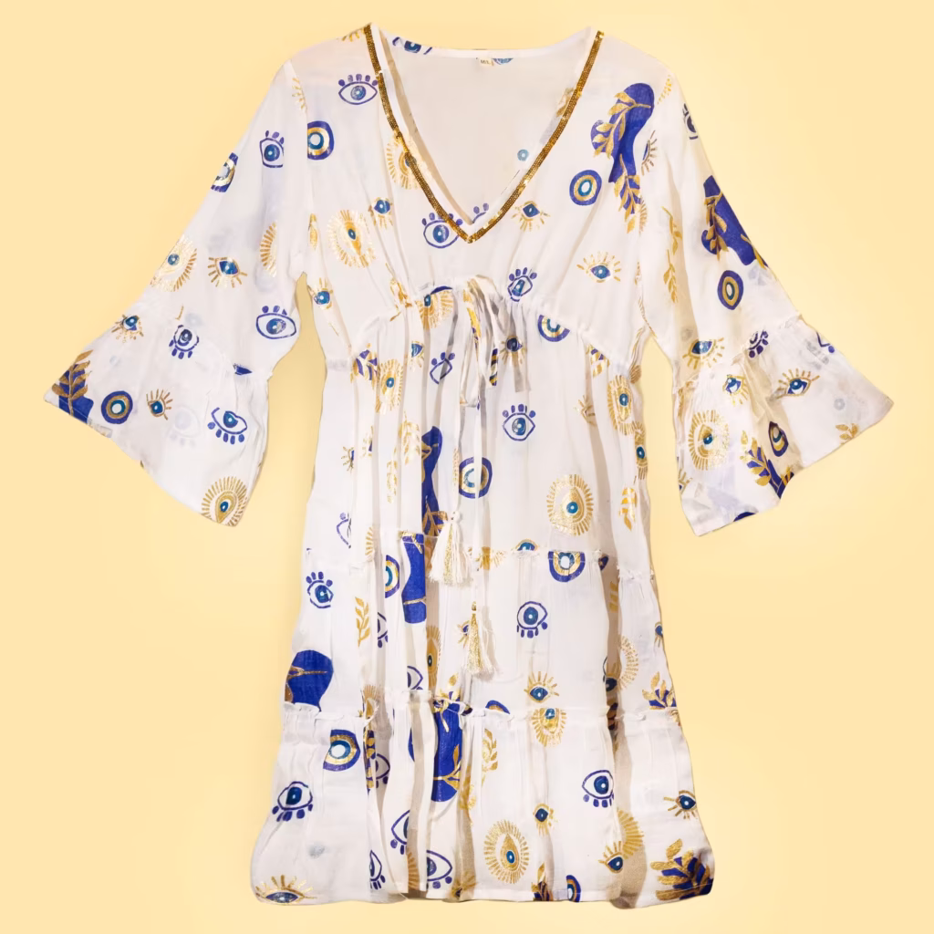 Nomad Sari Evil Eye Dress – White, Blue & Gold – Size L/XL | www.artisangoods.co.uk 2