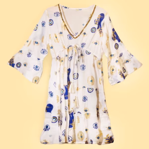 Nomad Sari Evil Eye Dress – White, Blue & Gold – Size L/XL | www.artisangoods.co.uk 2