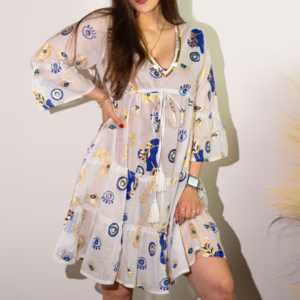 Nomad Sari Evil Eye Dress – White, Blue & Gold – Size L/XL | www.artisangoods.co.uk 6