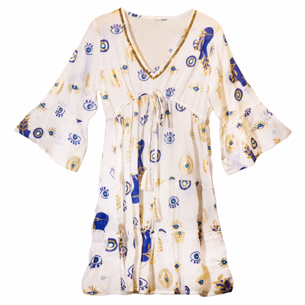 Nomad Sari Evil Eye Dress – White, Blue & Gold – Size L/XL | www.artisangoods.co.uk