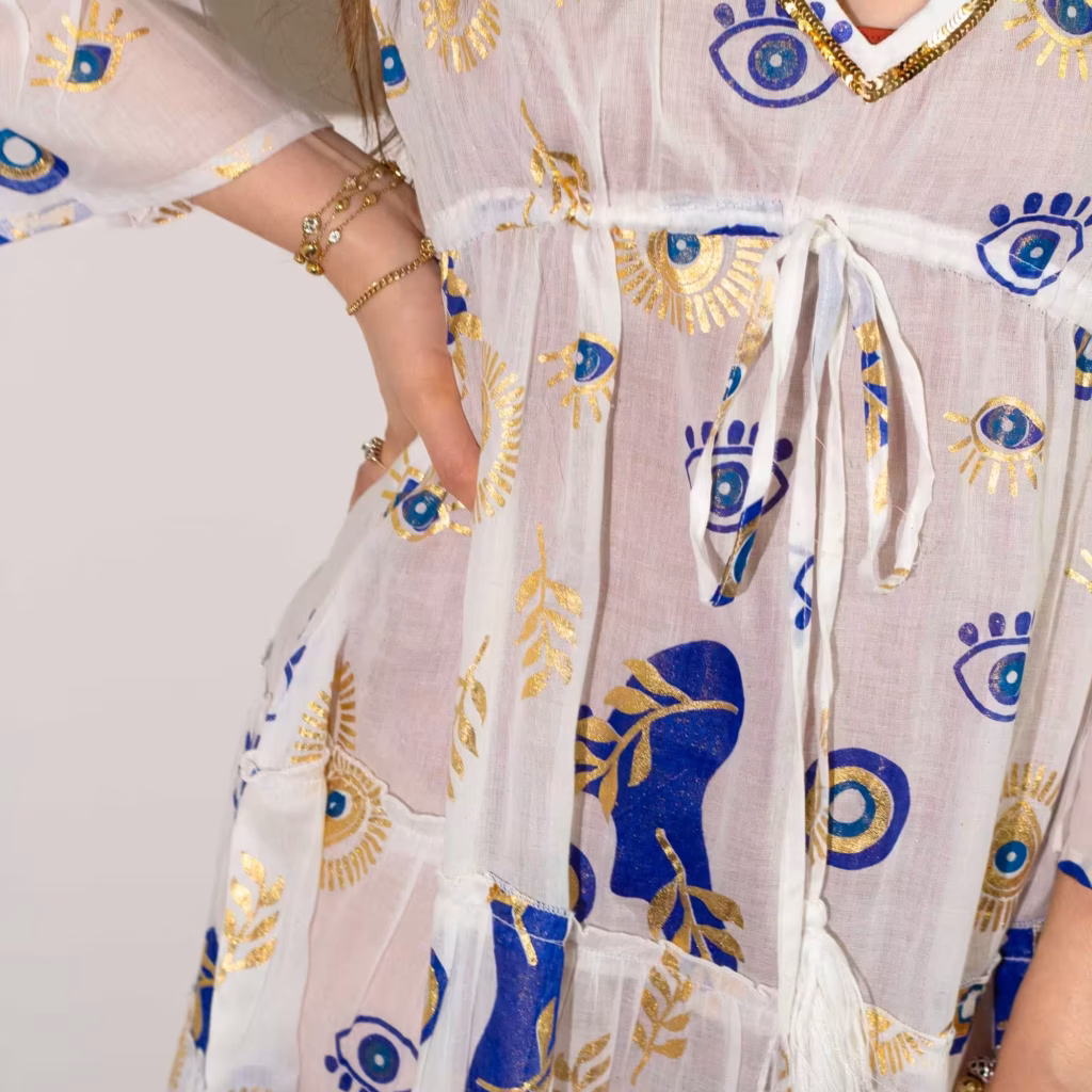 Nomad Sari Evil Eye Dress – White, Blue & Gold – Size M/L | www.artisangoods.co.uk 5 Nomad Sari Evil Eye Dress – White, Blue & Gold – Size M/L | www.artisangoods.co.uk 5
