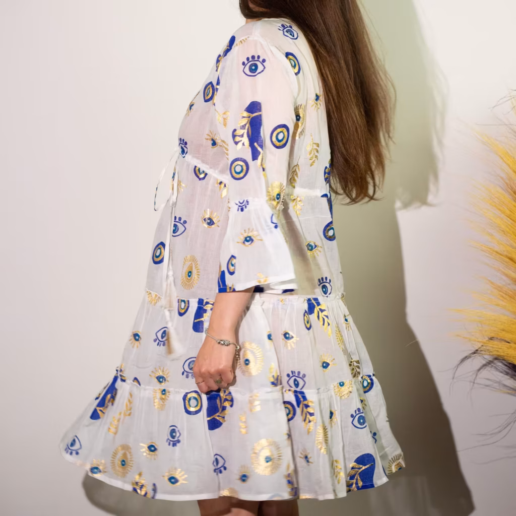 Nomad Sari Evil Eye Dress – White, Blue & Gold – Size M/L | www.artisangoods.co.uk 6 Nomad Sari Evil Eye Dress – White, Blue & Gold – Size M/L | www.artisangoods.co.uk 6