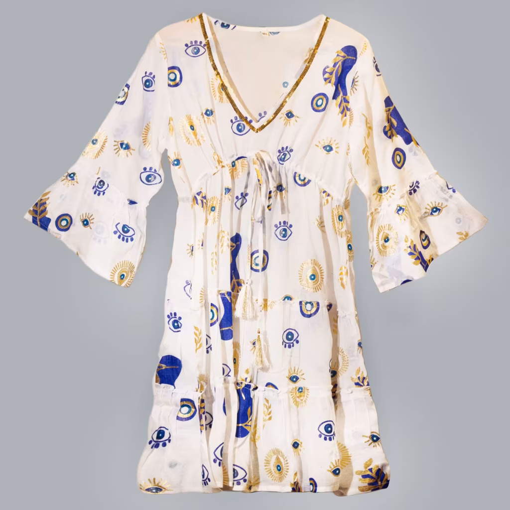 Nomad Sari Evil Eye Dress – White, Blue & Gold – Size M/L | www.artisangoods.co.uk 4 Nomad Sari Evil Eye Dress – White, Blue & Gold – Size M/L | www.artisangoods.co.uk 4