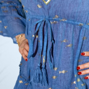 Nomad Sari Sea Blue & Gold Fish Print Dress (L/XL) | www.artisangoods.co.uk 3