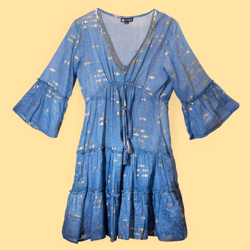 Nomad Sari Sea Blue & Gold Fish Print Dress (L/XL) | www.artisangoods.co.uk 2 Nomad Sari Sea Blue & Gold Fish Print Dress (L/XL) | www.artisangoods.co.uk 2