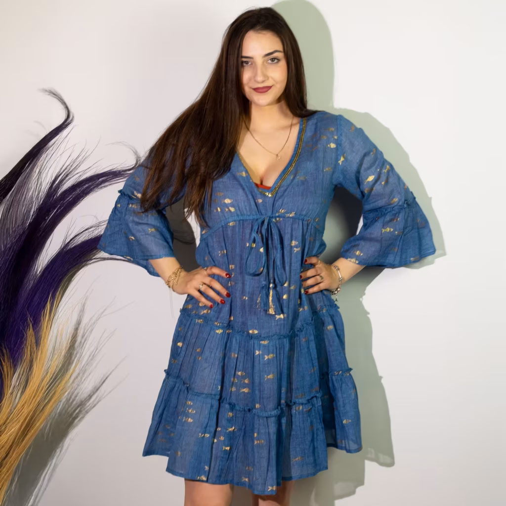 Nomad Sari Sea Blue & Gold Fish Print Dress (M/L) | www.artisangoods.co.uk 3 Nomad Sari Sea Blue & Gold Fish Print Dress (M/L) | www.artisangoods.co.uk 3