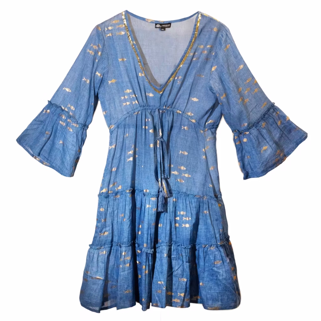 Nomad Sari Sea Blue & Gold Fish Print Dress (M/L) | www.artisangoods.co.uk