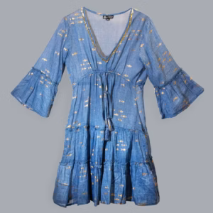 Nomad Sari Sea Blue & Gold Fish Print Dress (M/L) | www.artisangoods.co.uk 5