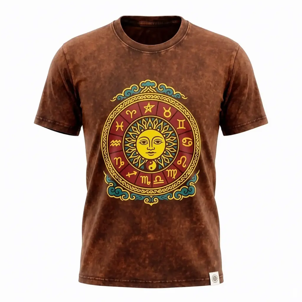 Nomad Sari Stonewashed Cotton T-Shirt – Sun & Zodiac – Brown – Large | www.artisangoods.co.uk