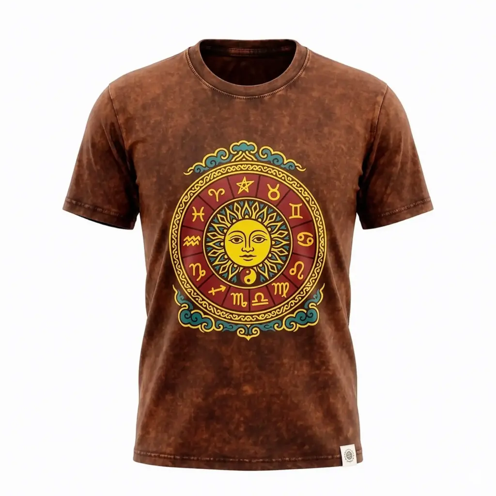 Nomad Sari Stonewashed Cotton T-Shirt – Sun & Zodiac – Brown – Medium | www.artisangoods.co.uk