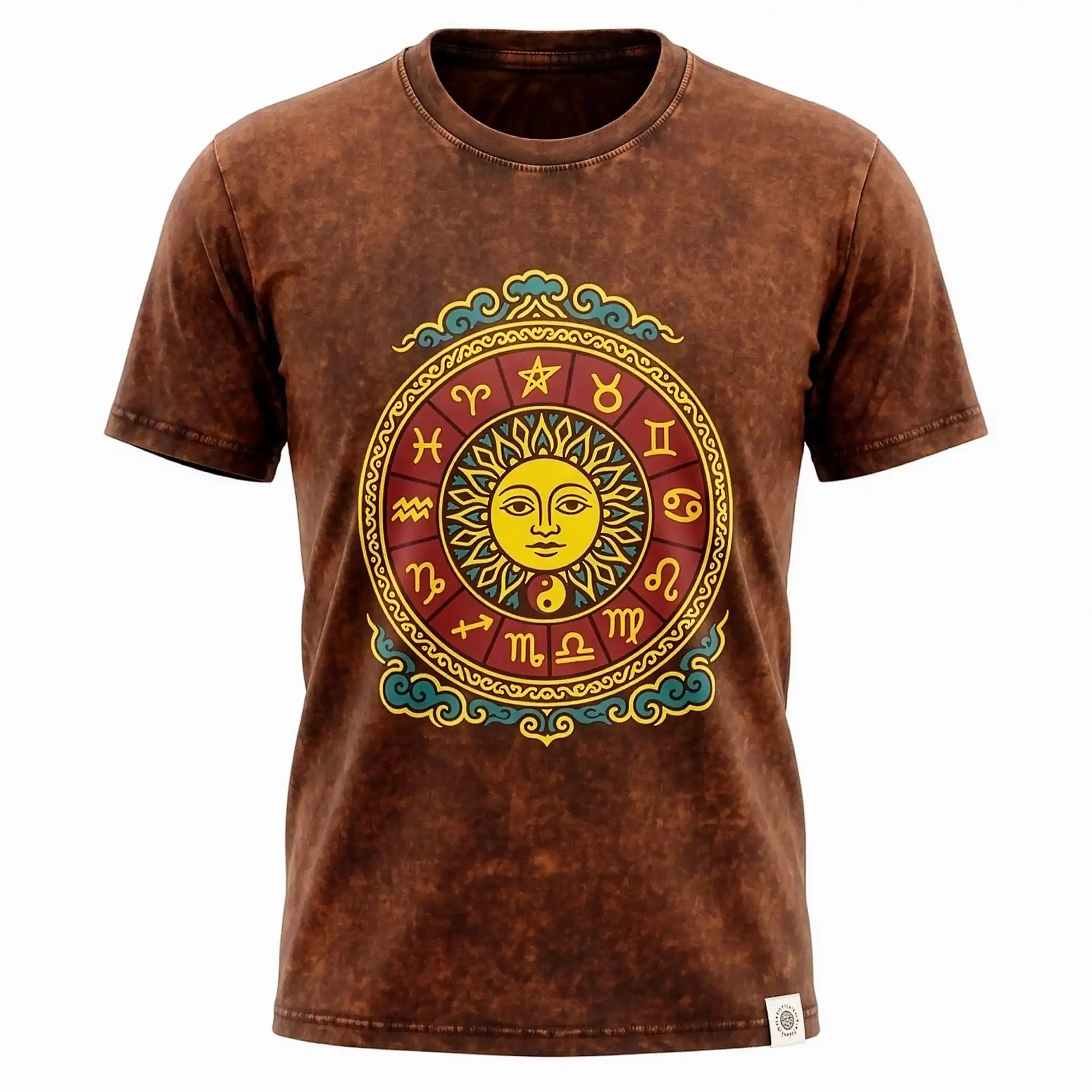 Nomad Sari Stonewashed Cotton T-Shirt - Sun & Zodiac - Brown - XL