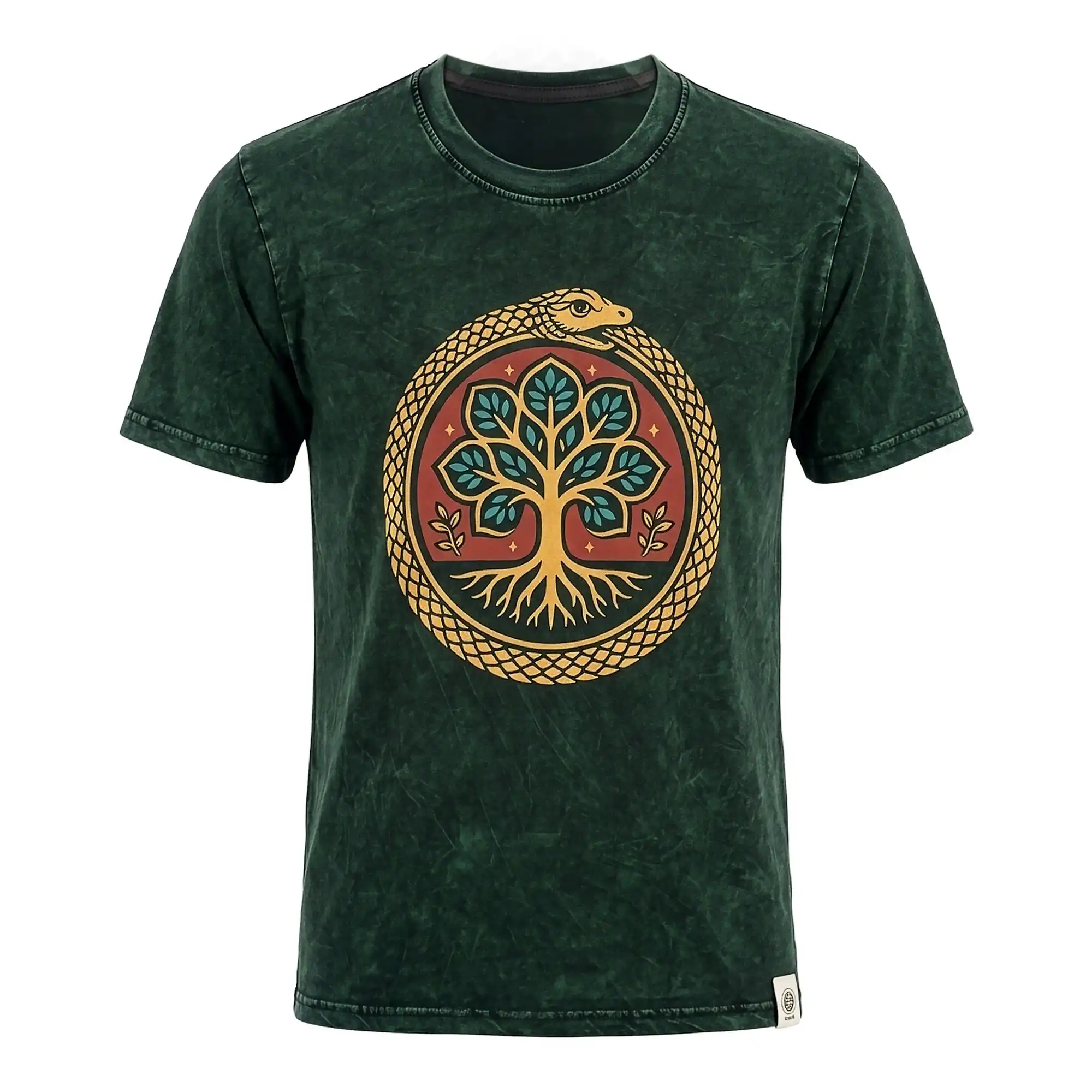 Nomad Sari Stonewashed Cotton T-Shirt - Tree of Life - Green - Medium