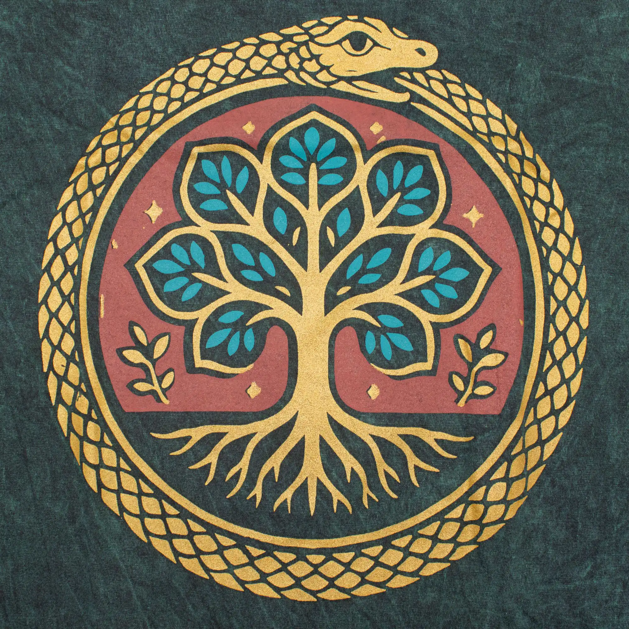 Nomad Sari Stonewashed Cotton T-Shirt - Tree of Life - Green - XL