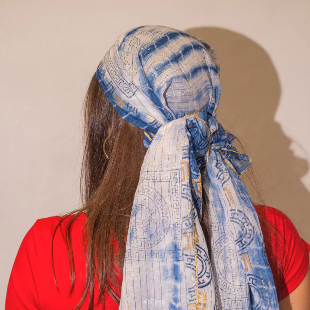Nomad Sari Summer Marbella Print Scarf – Blue with Gold (180x50cm) | www.artisangoods.co.uk 2