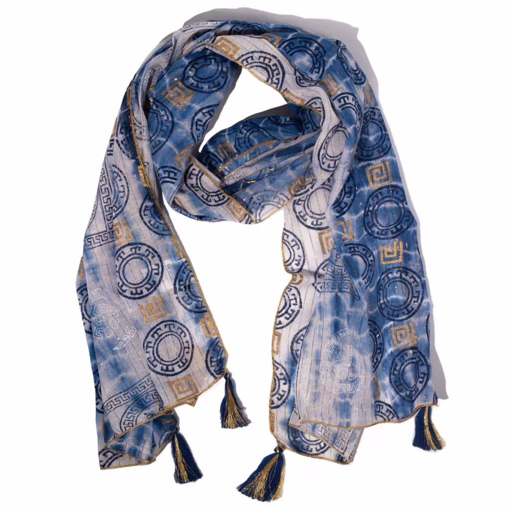 Nomad Sari Summer Marbella Print Scarf – Blue with Gold (180x50cm) | www.artisangoods.co.uk 3