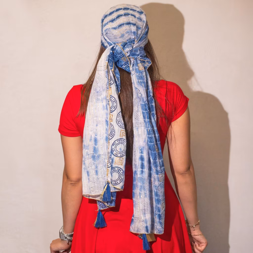 Nomad Sari Summer Marbella Print Scarf – Blue with Gold (180x50cm) | www.artisangoods.co.uk