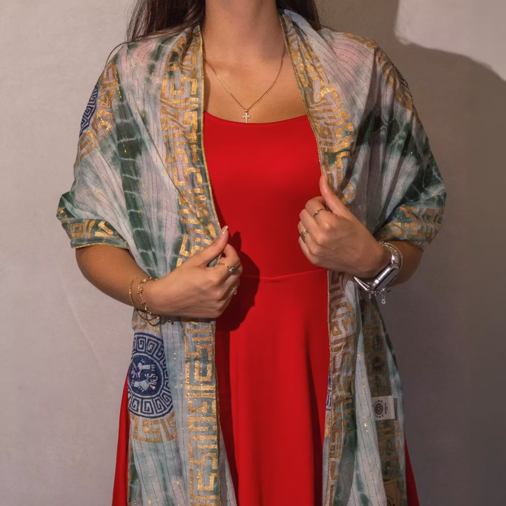 Nomad Sari Summer Marbella Print Scarf – Green with Gold  (180x50cm) | www.artisangoods.co.uk 2