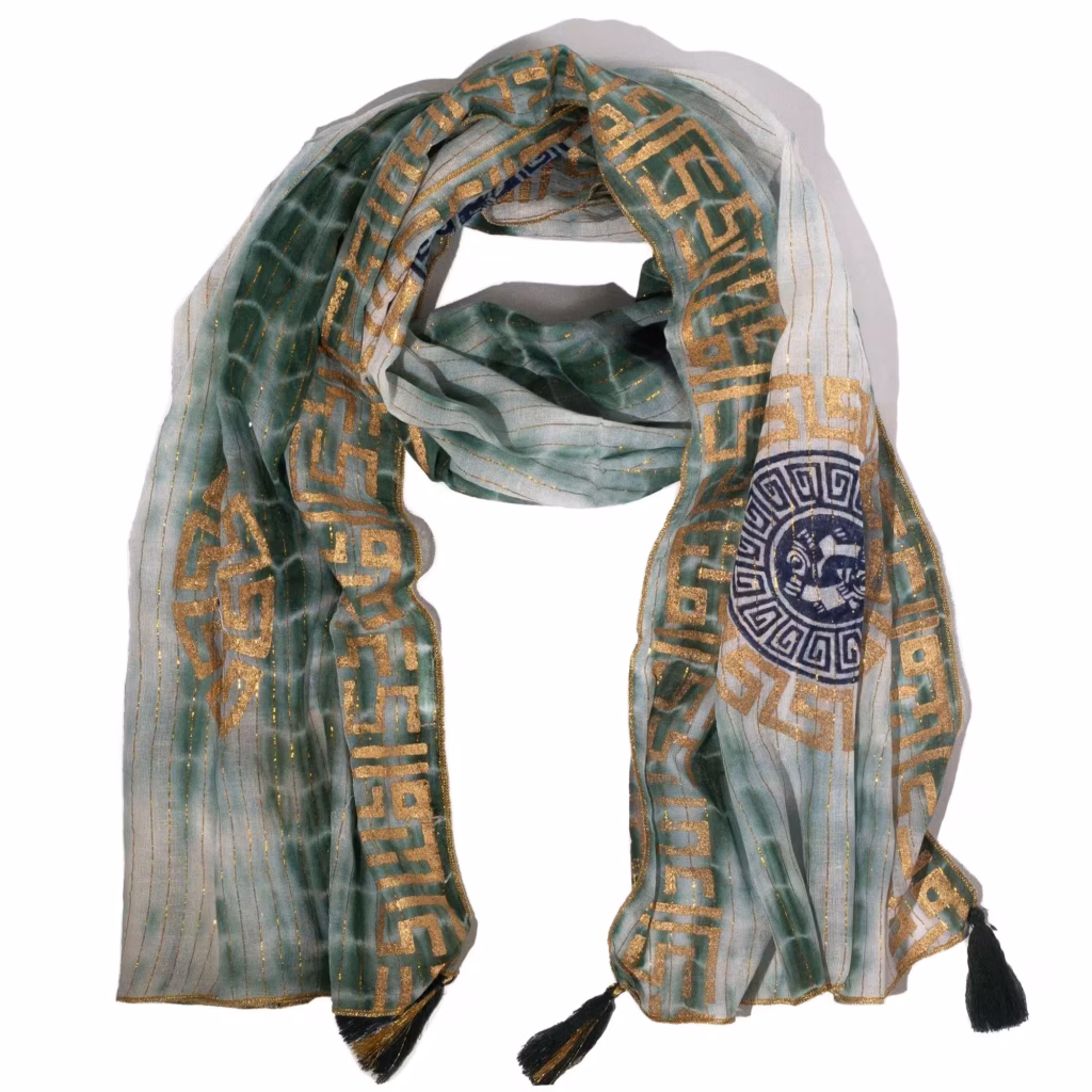Nomad Sari Summer Marbella Print Scarf – Green with Gold  (180x50cm) | www.artisangoods.co.uk