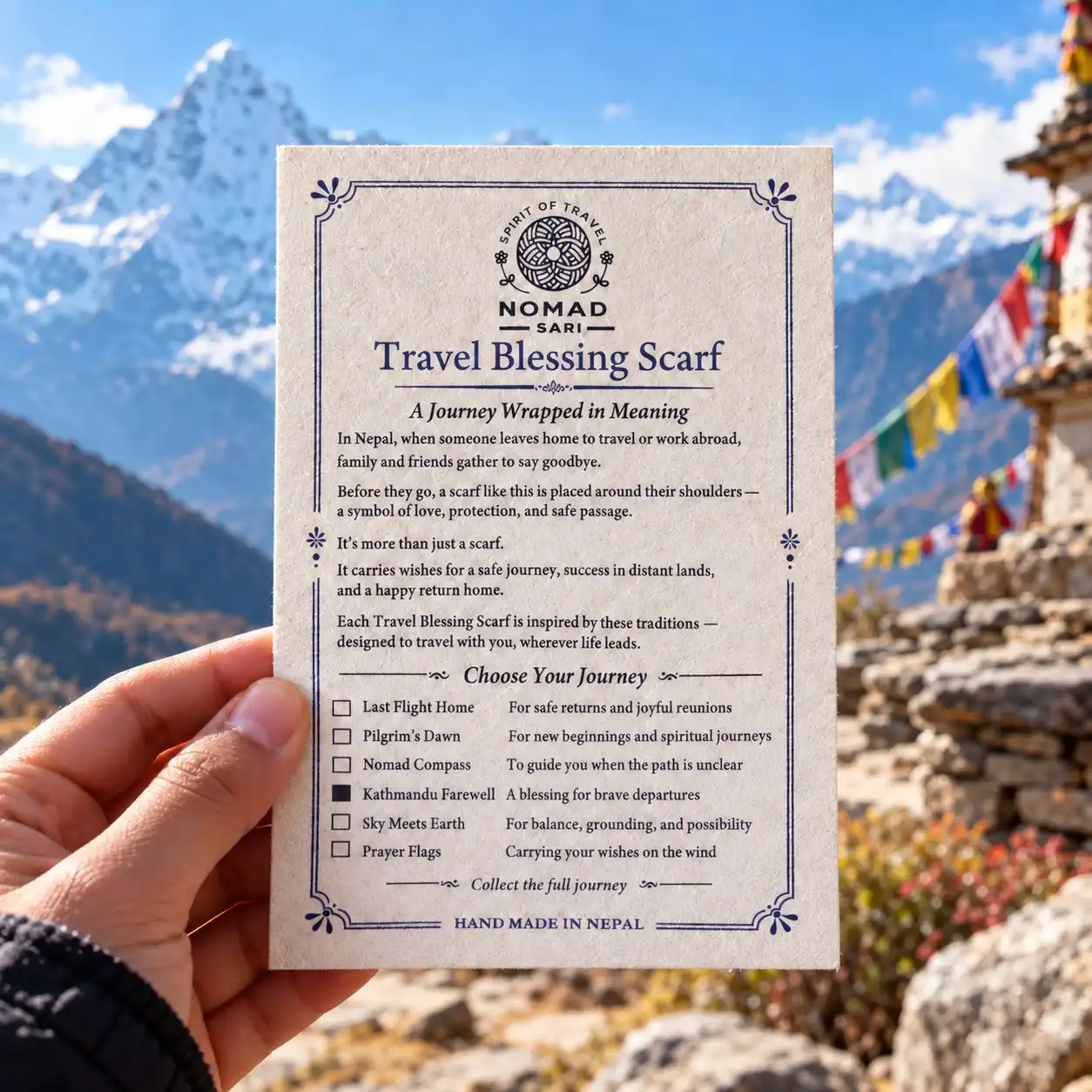 Nomad Sari - Travel Blessing Scarf - 170x50cm - Kathmandu Farewell