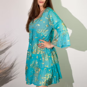 Nomad Sari Turquoise & Gold Coral Print Dress (L/XL) | www.artisangoods.co.uk 5