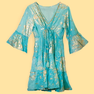 Nomad Sari Turquoise & Gold Coral Print Dress (L/XL) | www.artisangoods.co.uk 2