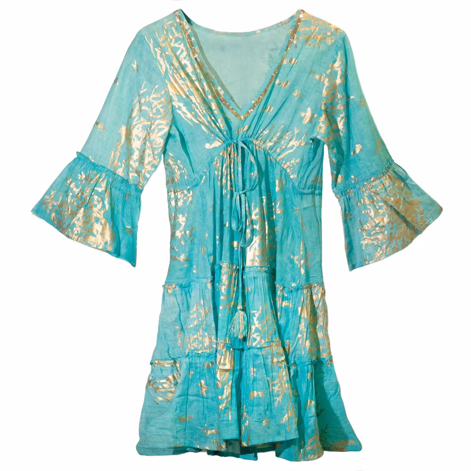 Nomad Sari Turquoise & Gold Coral Print Dress (L/XL) | www.artisangoods.co.uk 2 Nomad Sari Turquoise & Gold Coral Print Dress (L/XL) | www.artisangoods.co.uk 1