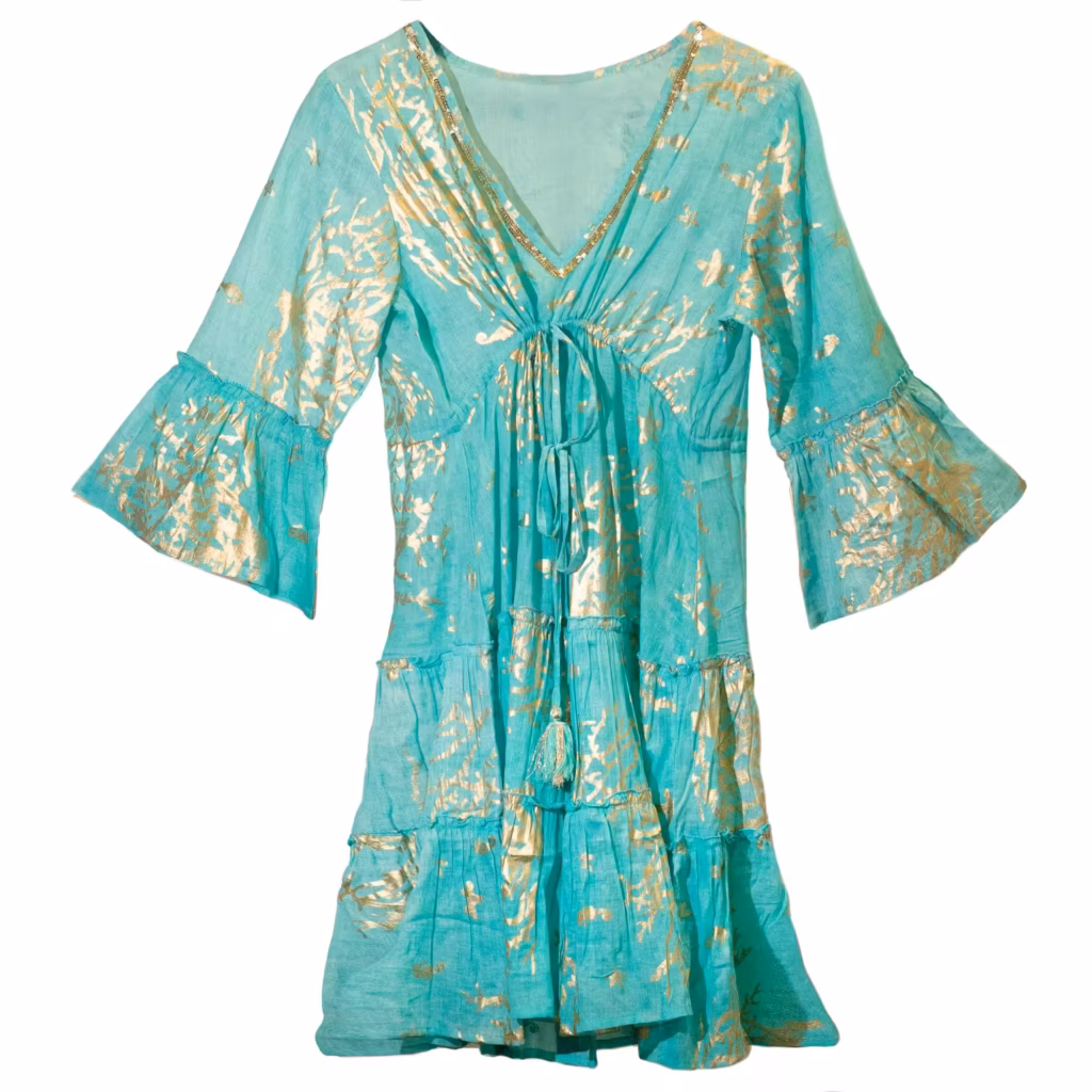 Nomad Sari Turquoise & Gold Coral Print Dress (M/L) | www.artisangoods.co.uk