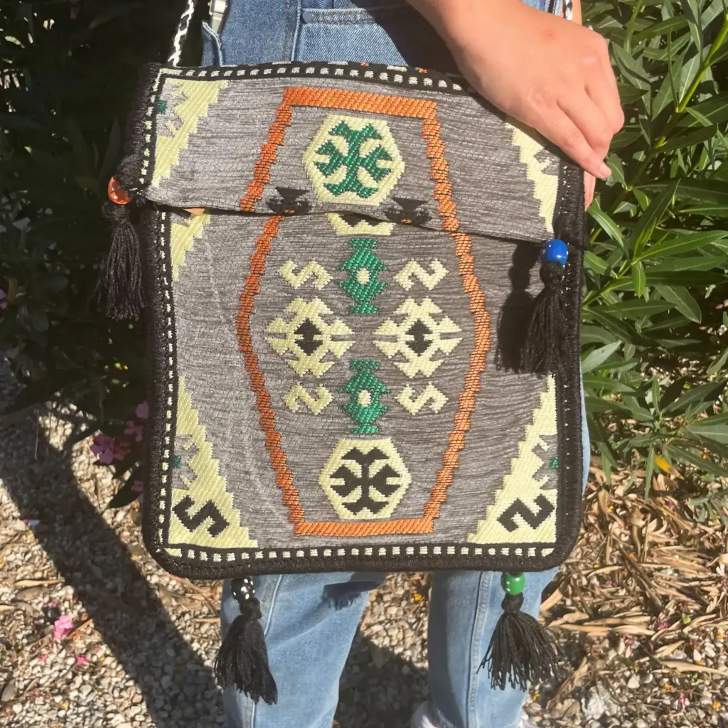 Pale Grey Kilim Messenger Festival Bag | www.artisangoods.co.uk 2
