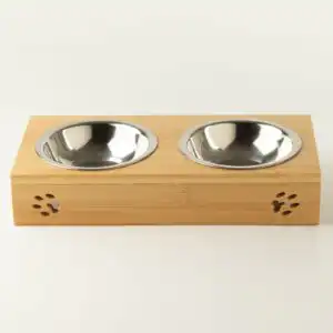 PAW Food Bowls - Double Stainless Steel in Wooden Stand - 2x12cm