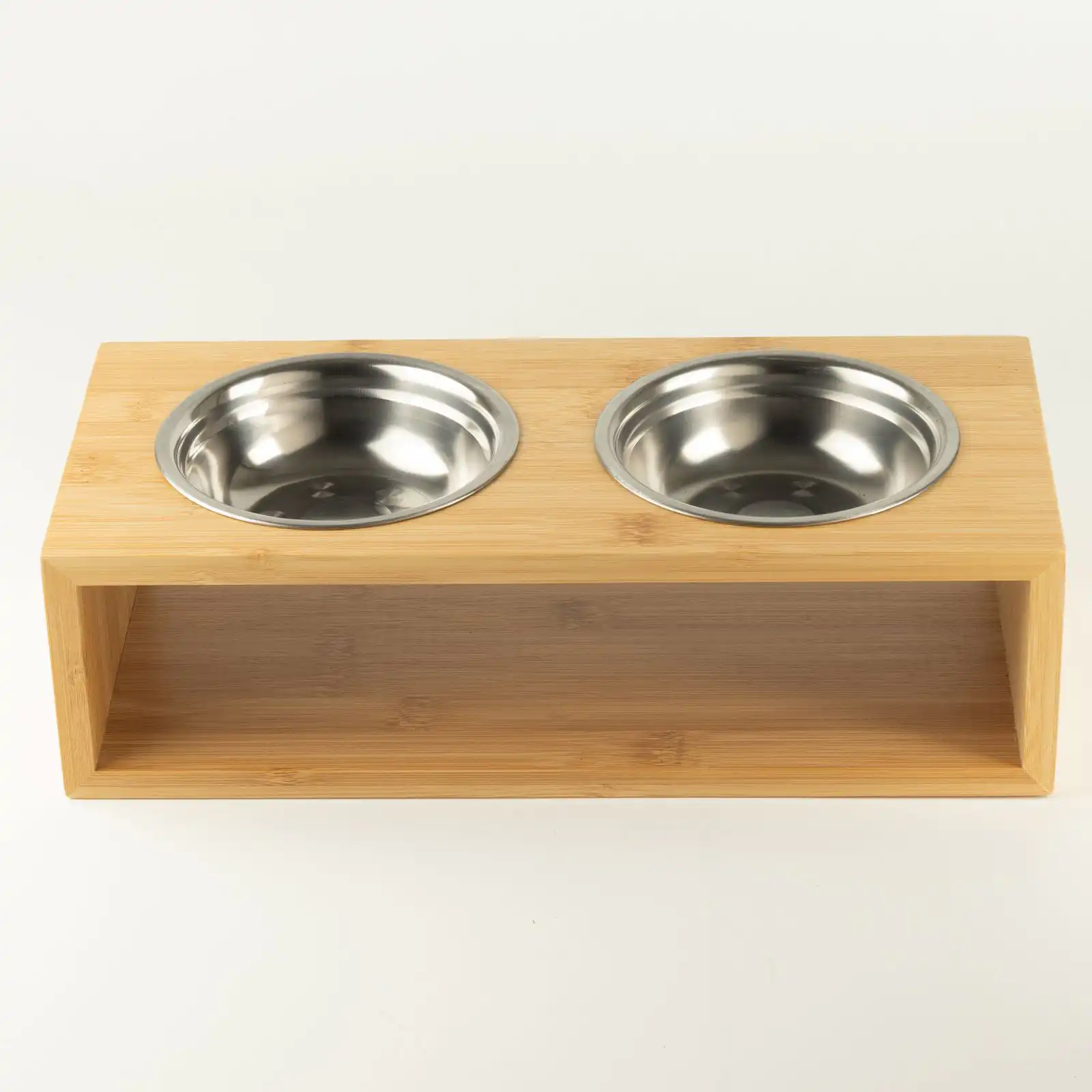 PAW Food Bowls - Large Double Stainless Steel (201) in Wooden Stand - 2x13cm