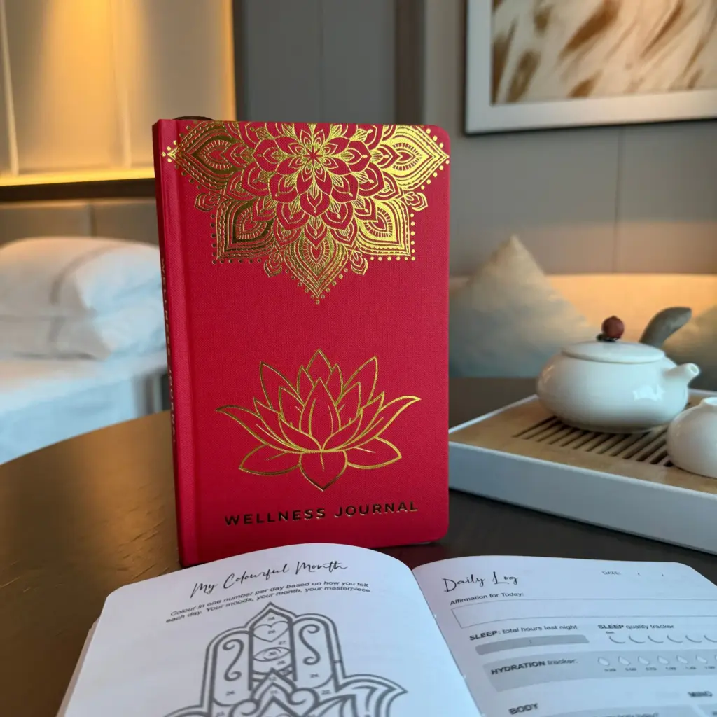 Red Wellness Journal – 120 pages – Golden Mandala and Lotus | www.artisangoods.co.uk