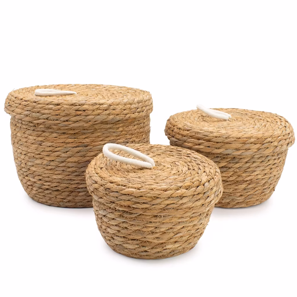 Seagrass & Cotton Round Baskets with Lids – Natural – Set of 3 | www.artisangoods.co.uk