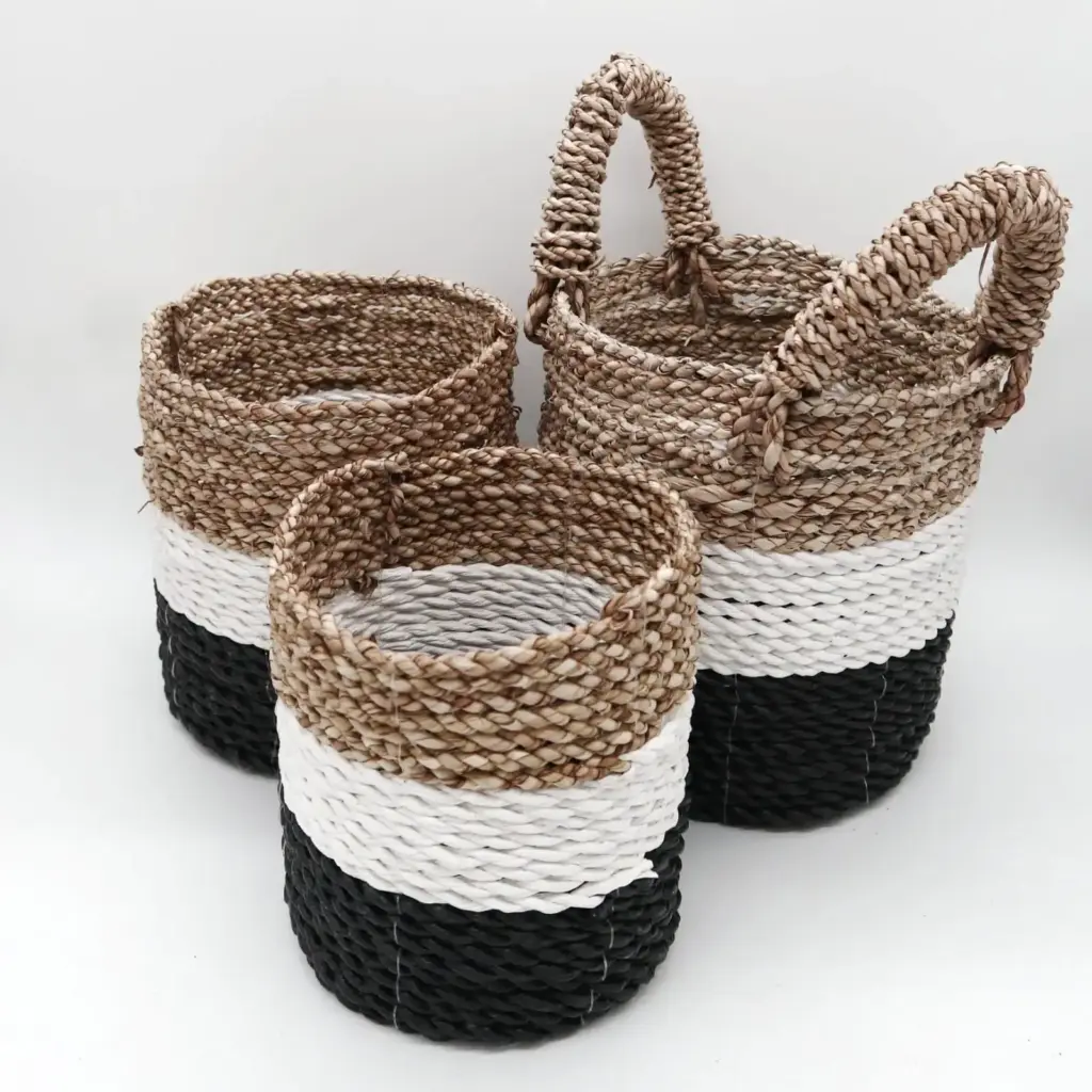 Seagrass Basket Set – Dark Grey / White / Natural | www.artisangoods.co.uk