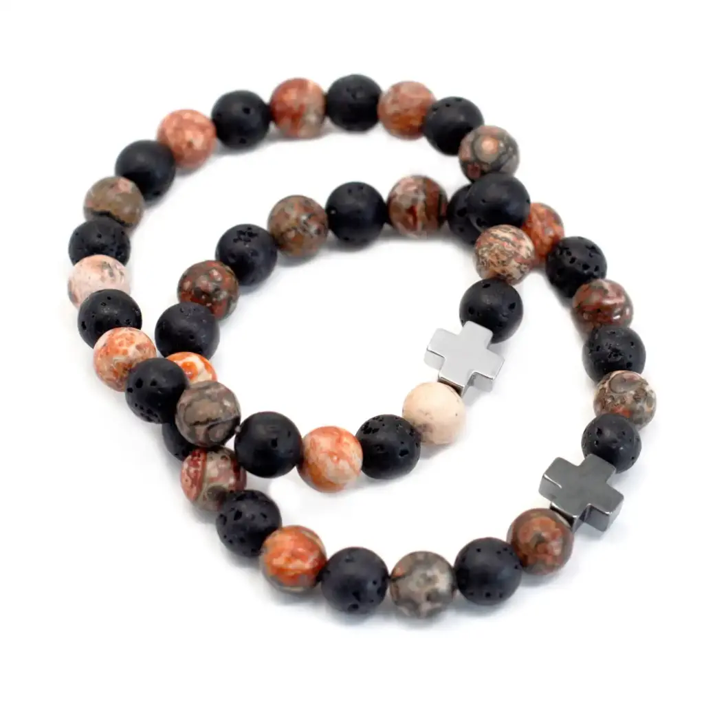 Set of 2 Gemstones Friendship Bracelets – Eternity – Leopard Skin Jasper & Lava Stone | www.artisangoods.co.uk