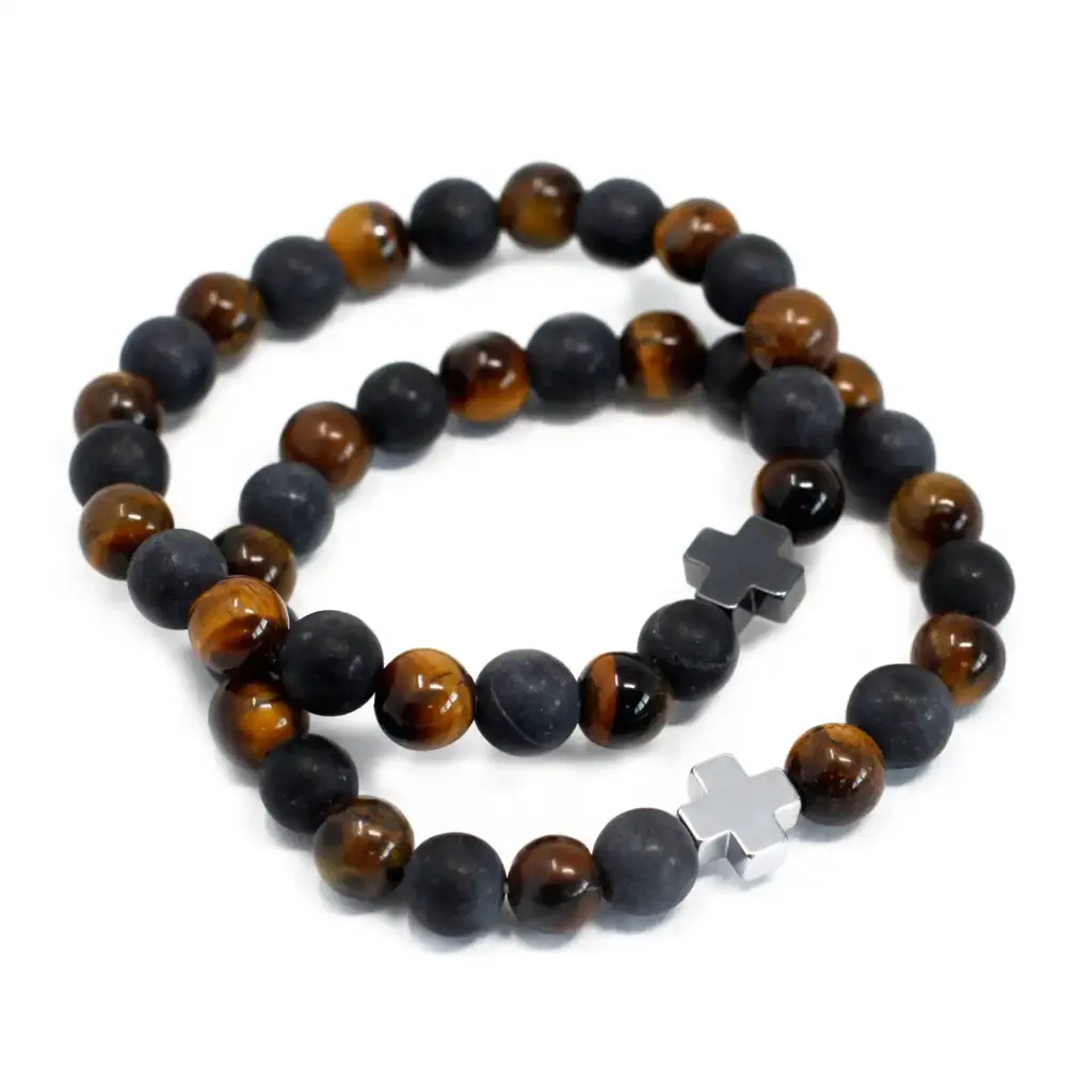 Set of 2 Gemstones Friendship Bracelets – Power – Tiger Eye & Black Stone | www.artisangoods.co.uk