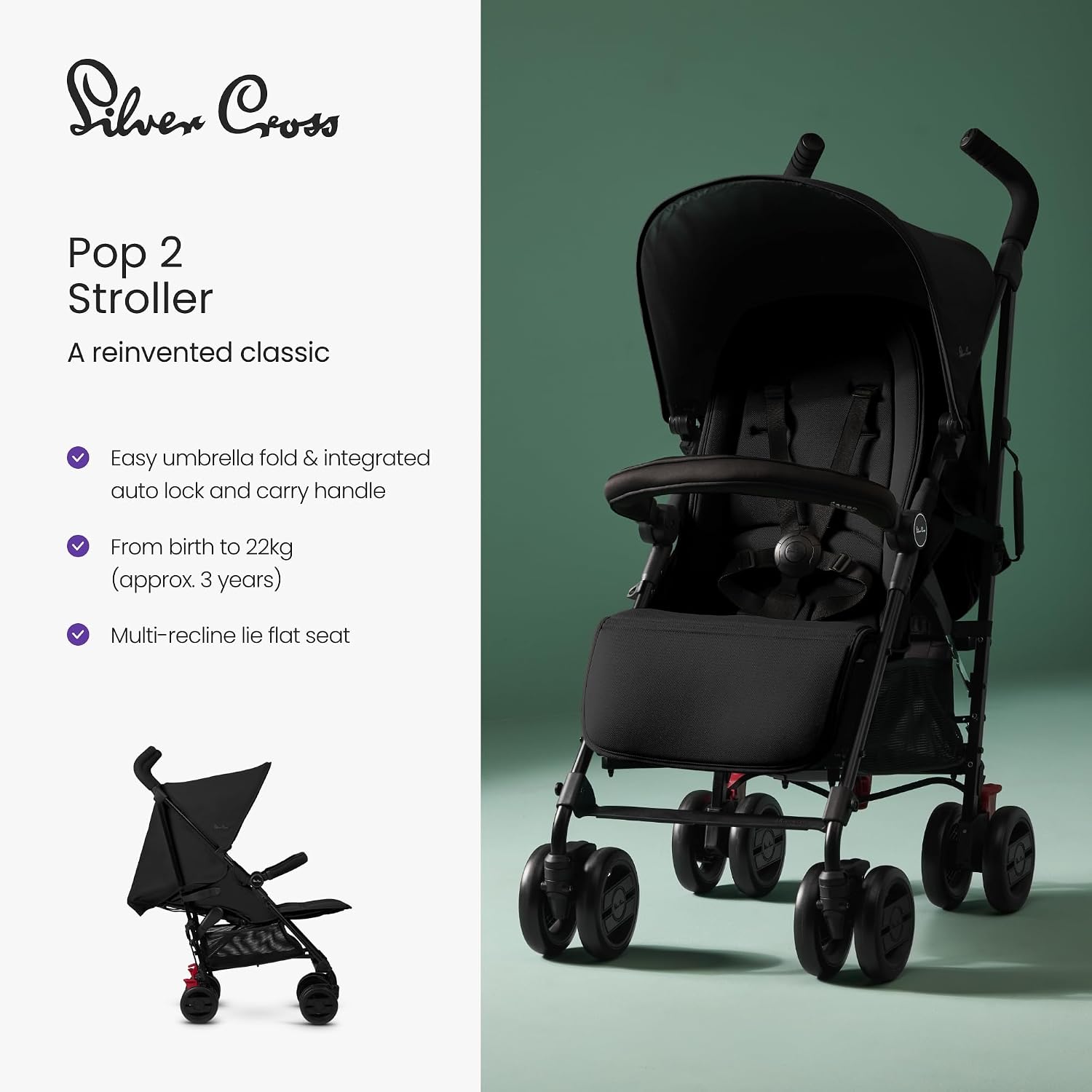 Silver Cross Pop Pushchair - Foldable Travel Stroller - Space
