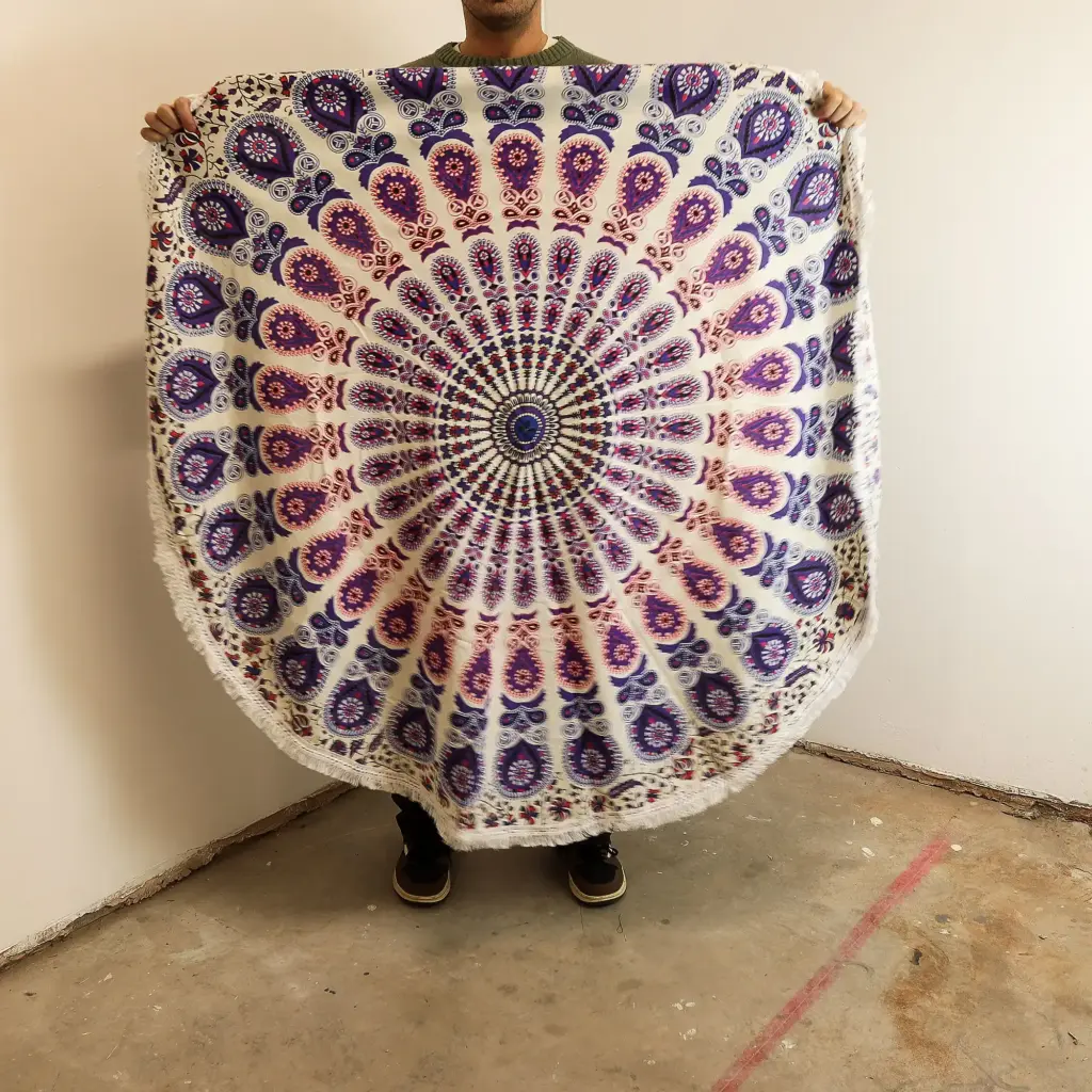 Small Mandala Roundie Cotton Art (130cm) – Peacock Purples | www.artisangoods.co.uk 2 Small Mandala Roundie Cotton Art (130cm) – Peacock Purples | www.artisangoods.co.uk 2
