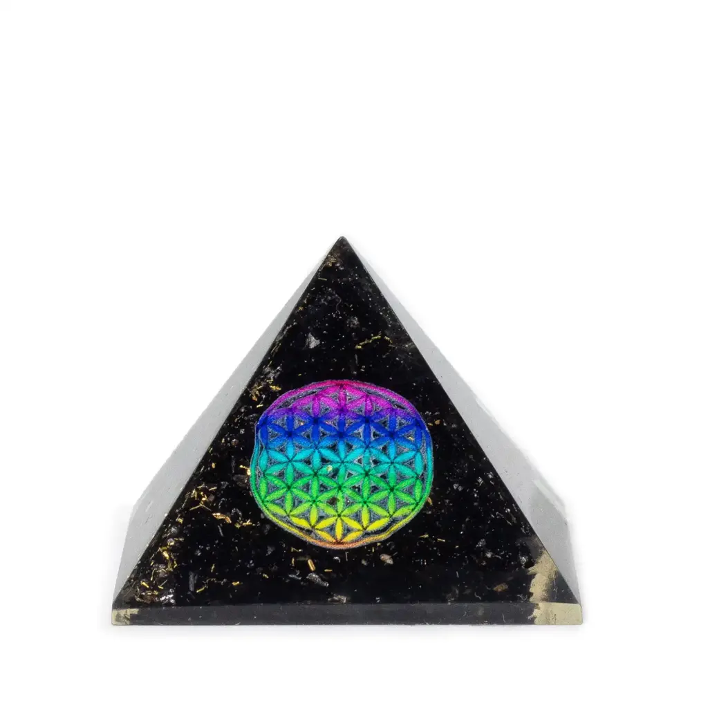 Small Organite Pryamids 5.5×4.5cm – Flower of Life – Black Tormaline Chips | www.artisangoods.co.uk