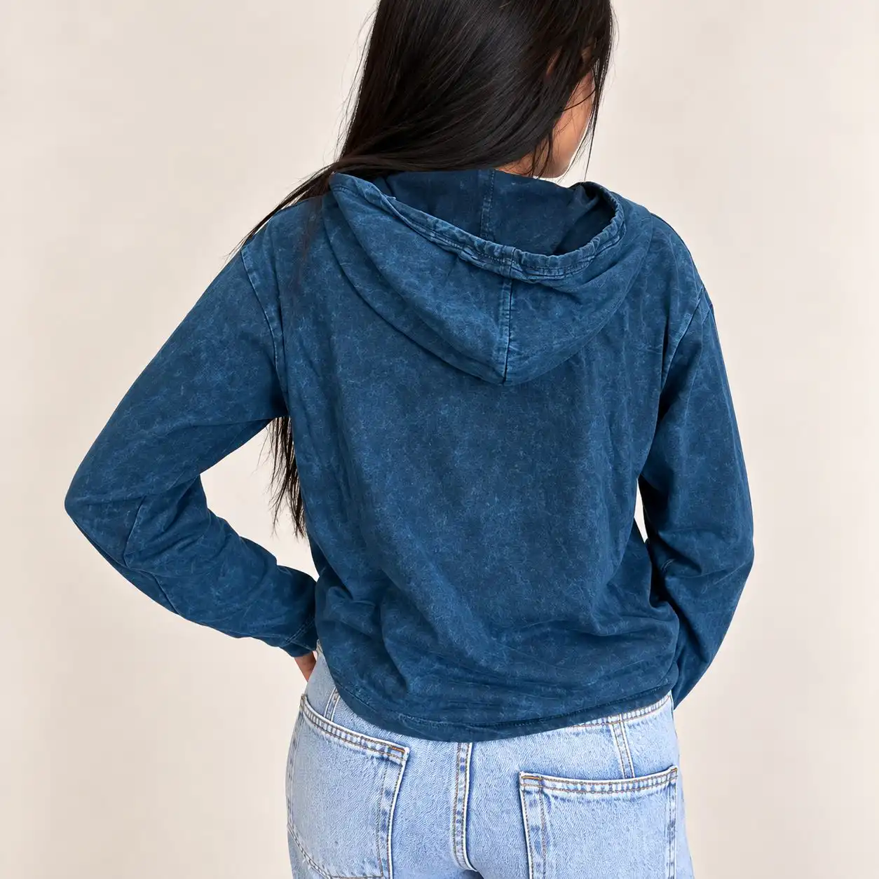 Small Stone Washed Hoody Shirt Kangaroo Pocket - Blue Compass of Life