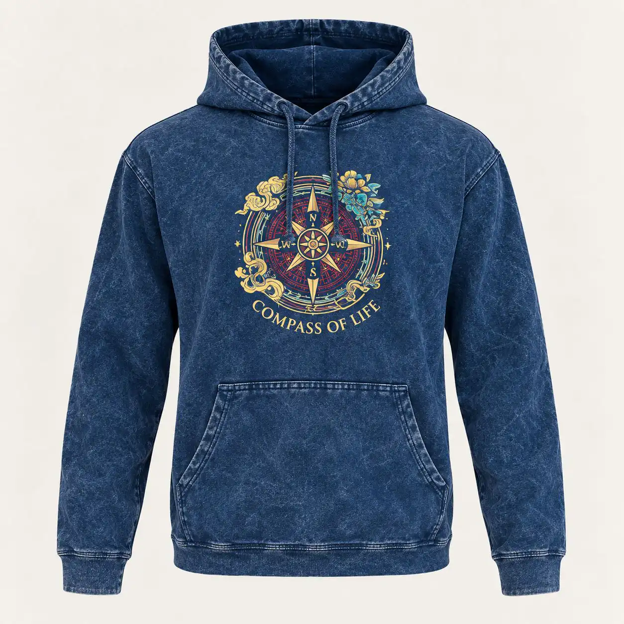Small Stone Washed Hoody Shirt Kangaroo Pocket - Blue Compass of Life