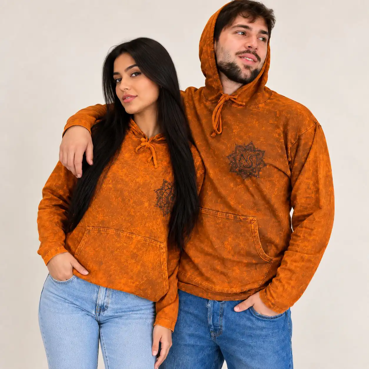 Small Stone Washed Hoody Shirt Kangaroo Pocket - Burnt Orange